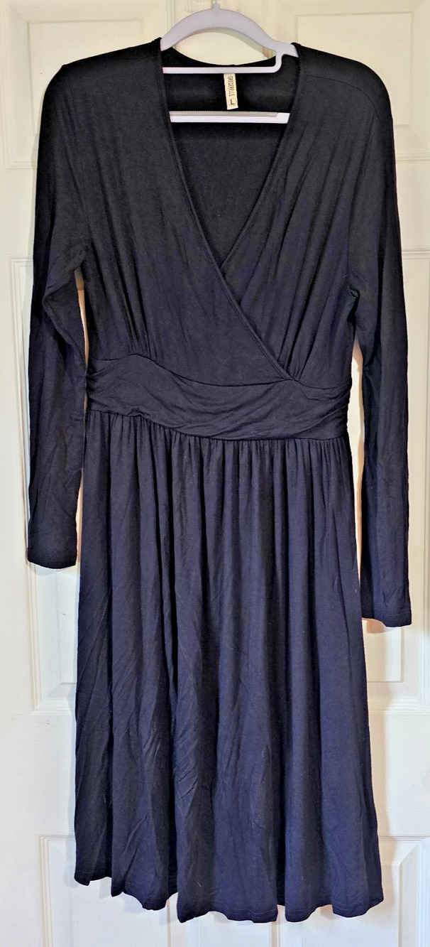Grecerelle Women's Black Faux Wrap Midi Dress Long Sleeve Stretch Size Large